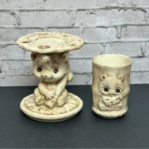Vintage Ceramic Toothbrush Holder & Cup Bathroom Decor